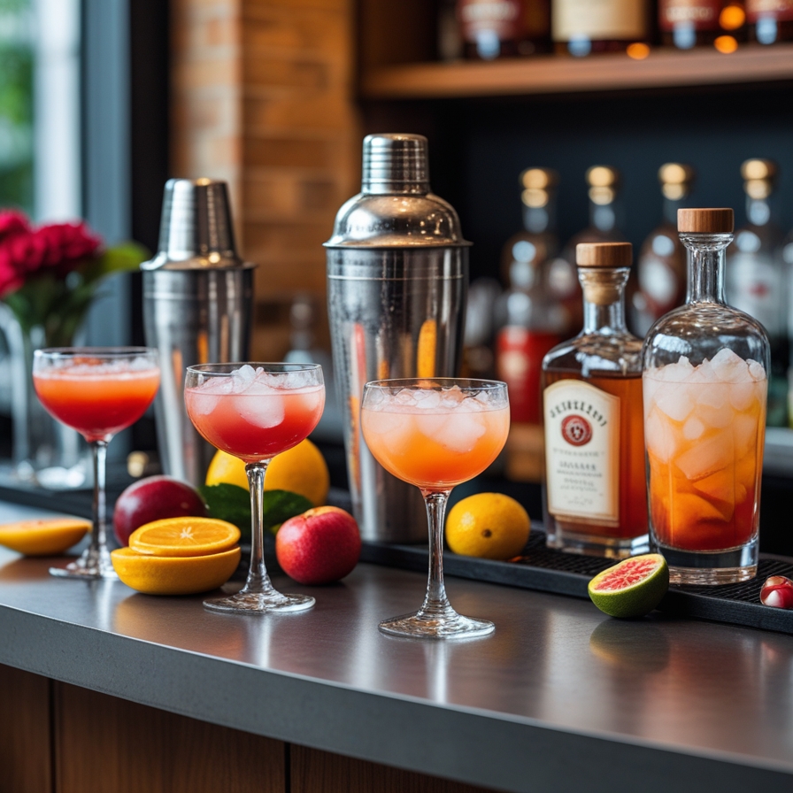 Bancada de bar elegante com ingredientes para drinks artesanais, incluindo coqueteleira, frutas frescas e garrafas de bebidas premium, ideal para amantes de coquetéis