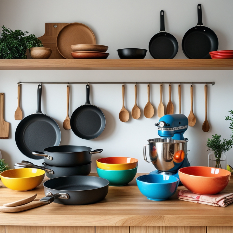 Bancada de cozinha moderna com mobília organizada, incluindo colheres de madeira, panelas, batedeira e tigelas coloridas, transmitindo um ambiente acolhedor e inspirador para cozinhar