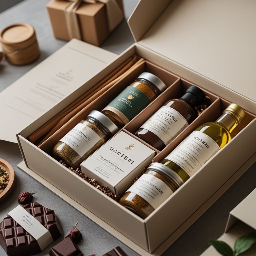 Caixa de presente gourmet com seleção de temperos, chocolates artesanais e azeites especiais, embalada de forma sofisticada para presentes exclusivos e personalizados