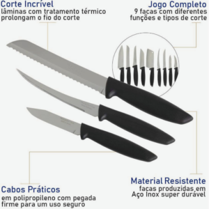 Jogo de Facas Tramontina Plenus com 9 peças, ideal para o dia a dia na cozinha. Lâminas em aço inoxidável de alta durabilidade, com fio resistente graças ao tratamento térmico. Cabos ergonômicos em polipropileno preto , oferecendo segurança e conforto no relacionado. Design moderno e funcional, perfeito para cortar carnes, legumes e outros alimentos com precisão. Fácil limpeza , compatível com máquinas de lavar louça. Qualidade Tramontina para mais praticidade na sua cozinha