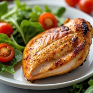 Frango crocante empanado com aveia servido em um prato branco com salada verde ao lado, preparado na air fryer
