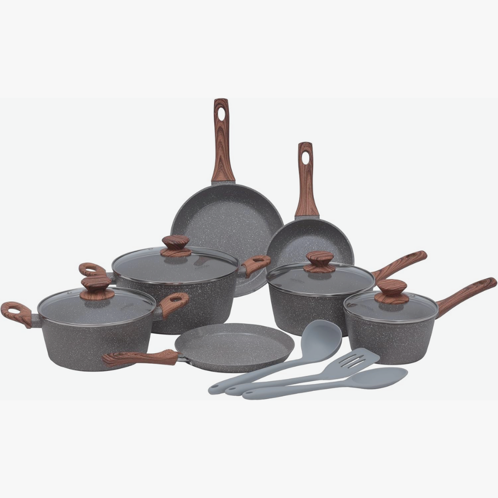 Conjunto de 7 panelas Mimo Style Grafitto + 3 acessórios, alumínio resistente com revestimento cerâmico e acabamento moderno