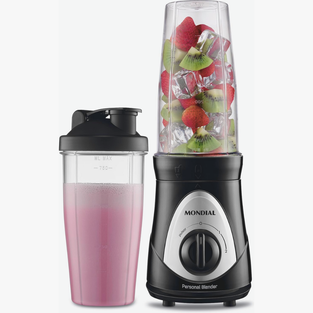 Liquidificador individual Mondial DG-01 preto e prata, com 300W de potência, copo portátil de 600ml livre de BPA, ideal para smoothies e shakes