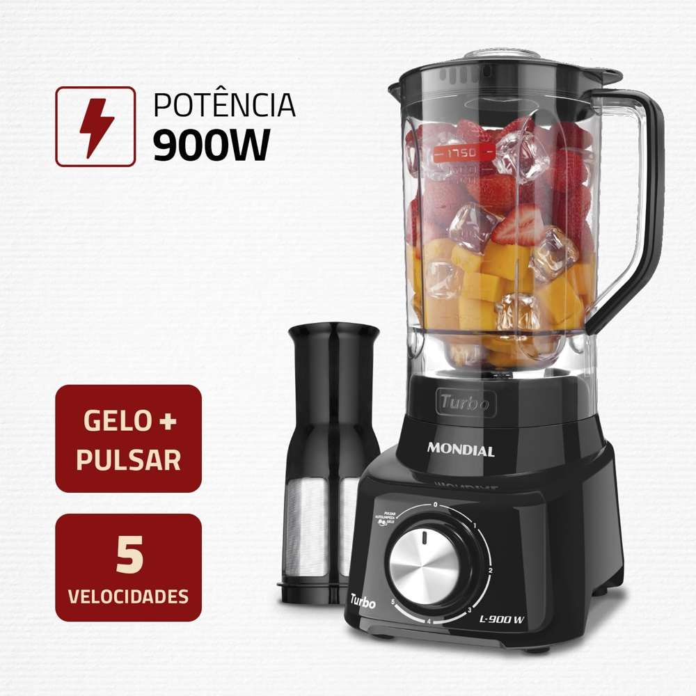 Liquidificador Mondial, 5 velocidades e 900W de potência, ideal para preparar sucos e smoothies