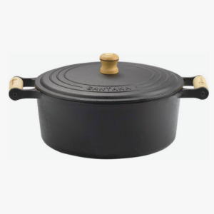 Panela caçarola de ferro fundido com cabo de madeira, ideal para cozimento lento e retenção de calor